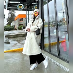 Cream Double-Breasted Women's Over-sized Teddy Coat